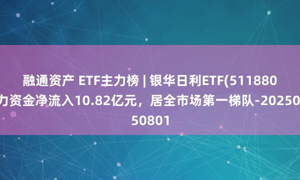 融通资产 ETF主力榜 | 银华日利ETF(511880)主力资金净流入10.82亿元，居全市场第一梯队-20250801